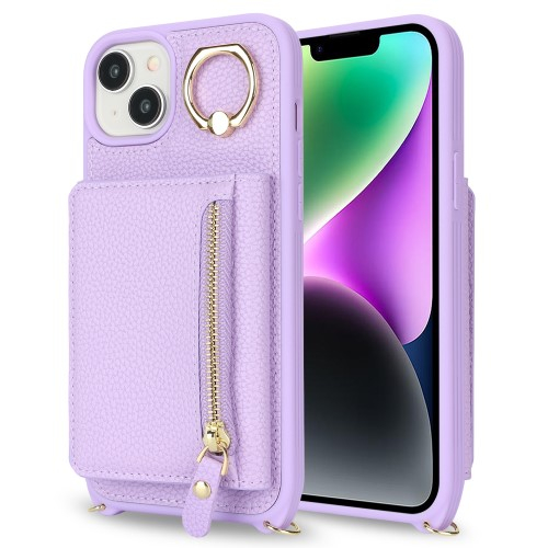 iPhone 14 / iPhone 13 Necklace Leder Hülle mit Münzfach und Kartenfächer   Finger Griff Halterung   Handykette - Lila