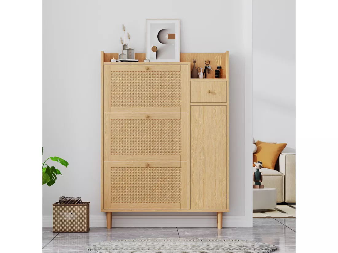 Meuble à chaussures 3 portes abattants et 1 tiroir dim. 90L x 17L x 125H cm aspect bois effet cannage rotin coloris chêne