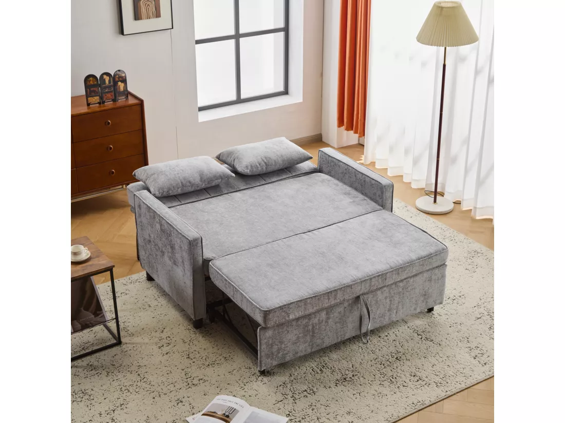 Canapé convertible 2 places, Canapé-lit pliant en tissu chenille - 142 x 79/174 x 85 cm - avec fonction sommeil et dossier réglable - Gris