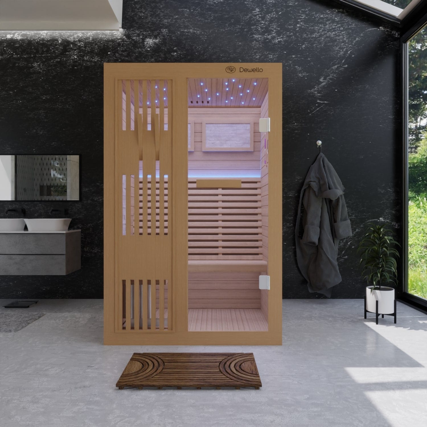 Dewello Finnische Sauna MINTO 120x120 Kabine aus Hemlock Tannenholz mit 3,5 kW Harvia Ofen, inkl Sauna Set