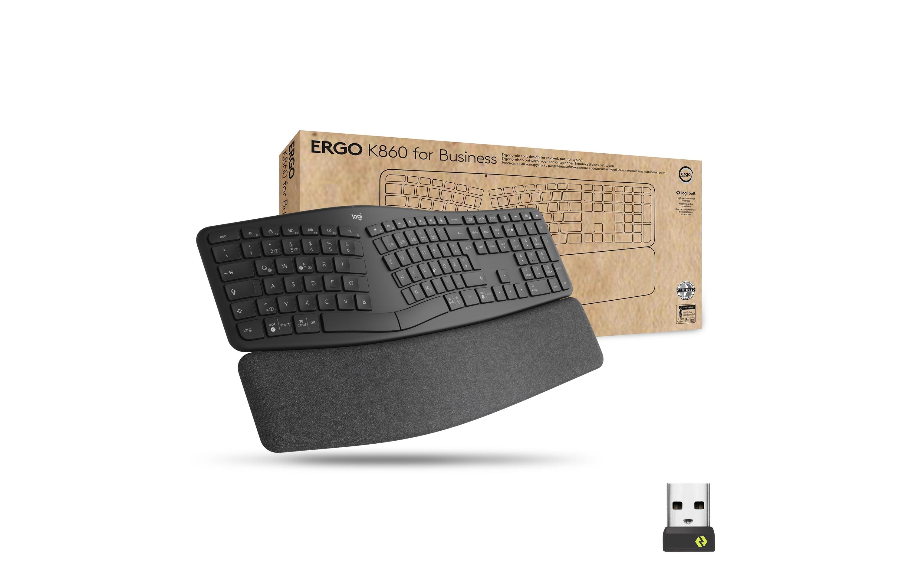 Tastatur K860 for Business<br>Ergonomische und kabellose Tastatur mit Logi Bolt Empfänger