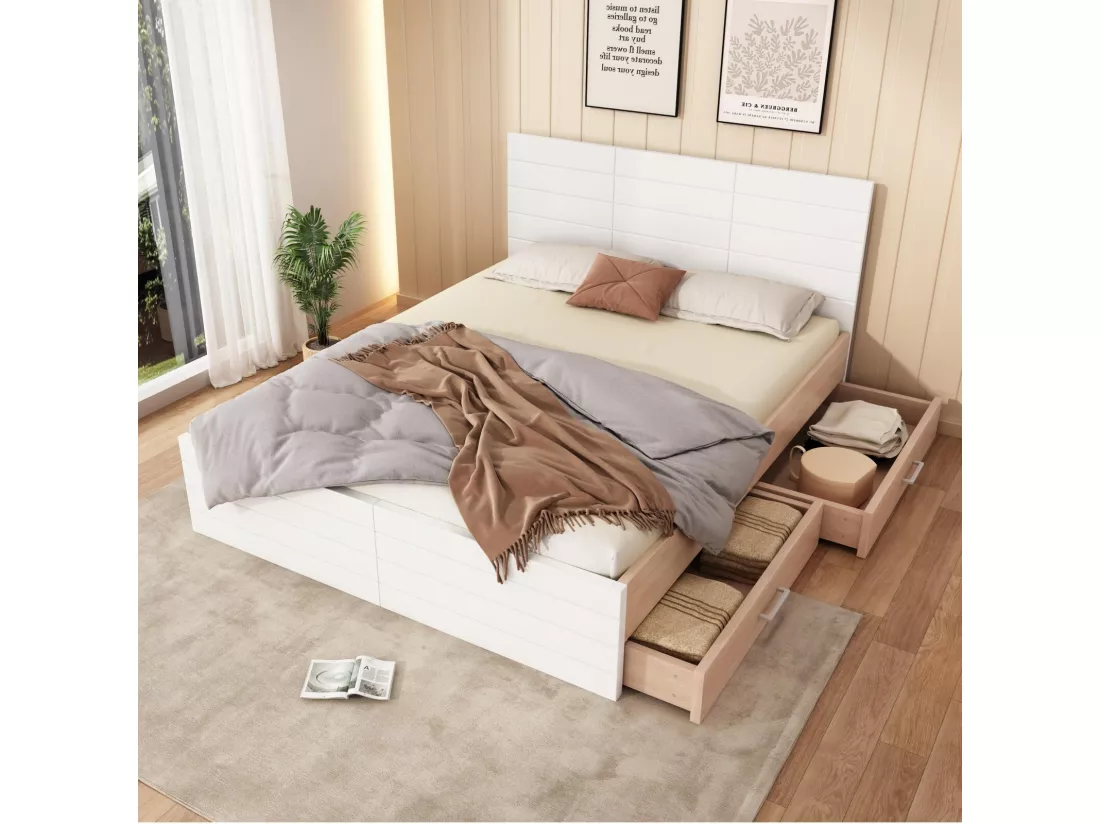 Lit avec rangements 180 × 200 cm - chêne - 2 tiroirs - blanc et grain de bois - 207×185x80cm