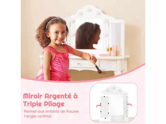 Coiffeuse Enfants et Tabouret 2 en 1 avec Miroir Amovible & Lumières LED, Table de Maquillage Princesse avec Tiroir de Rangement, 3 Ans+, 70x34x103CM(Blanc)