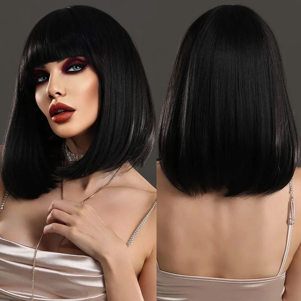 (36cm) Long Bob Perücke mit Pony Fasnacht Kostüm Zubehör Motto Party / Halloween Accessoire inkl. Haarnetz - Rot