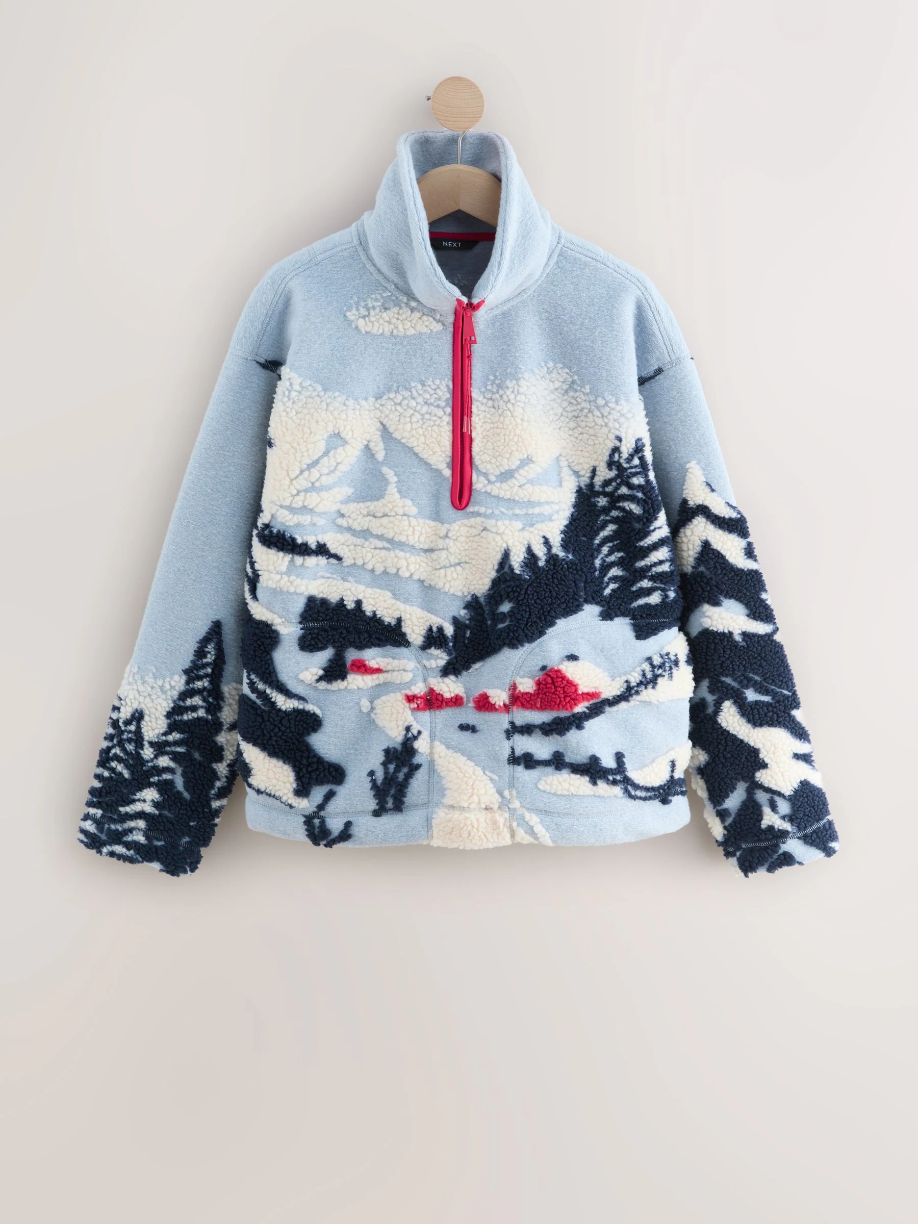 Blauwe grafische winterlandschap - Soft Touch Knusse Teddy Borg Kwartrondrits Fleece