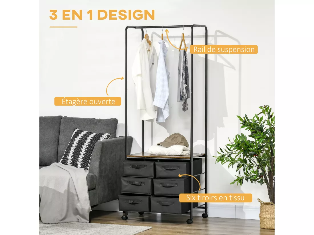 Penderie portant à vêtements style industriel sur roulettes 6 tiroirs barre penderie acier noir panneaux aspect bois