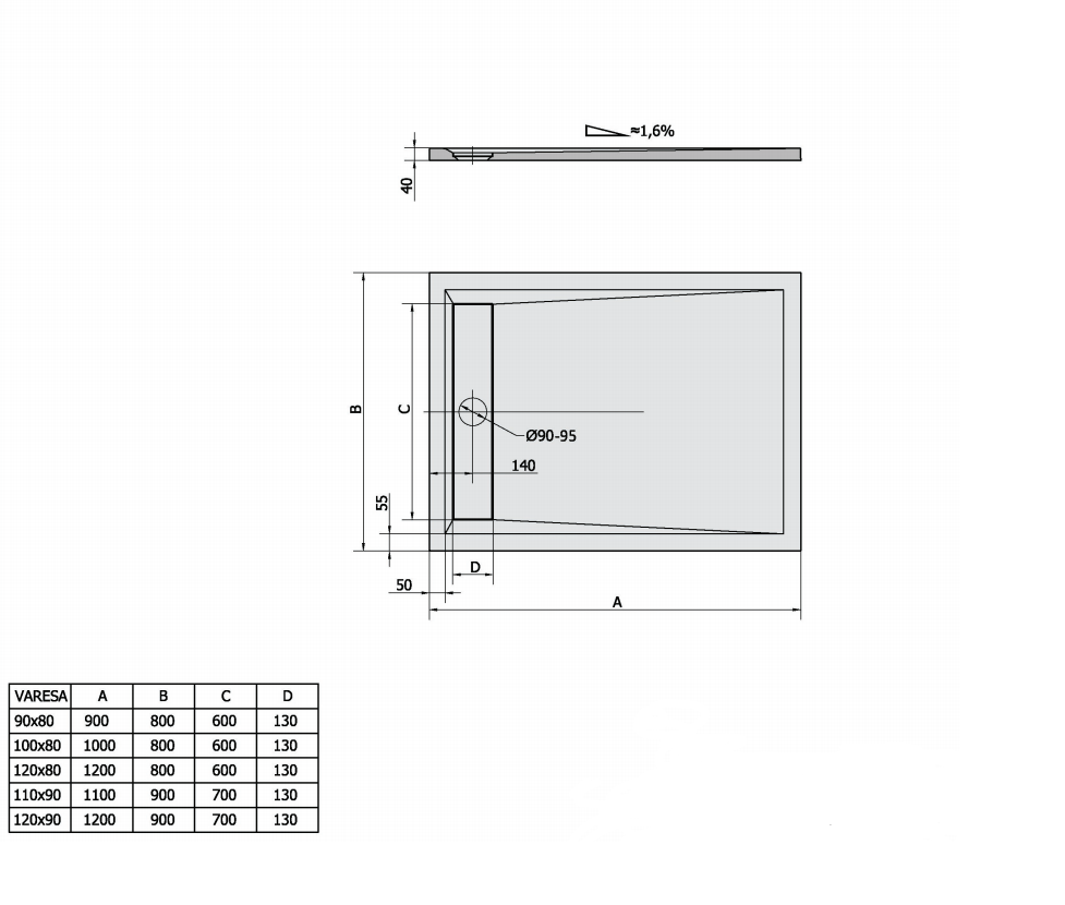 Polysan Varesa rechthoekige douchebak 100x80cm wit