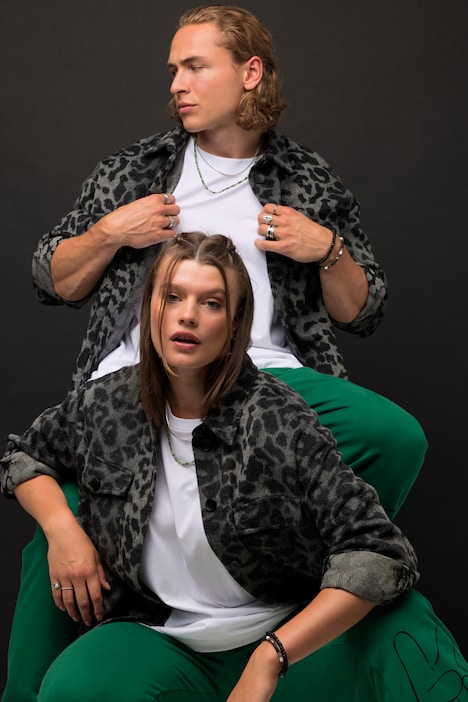 Hemdjacke, oversized, Leo-Plüsch, Hemdkragen, Langarm, Unisex