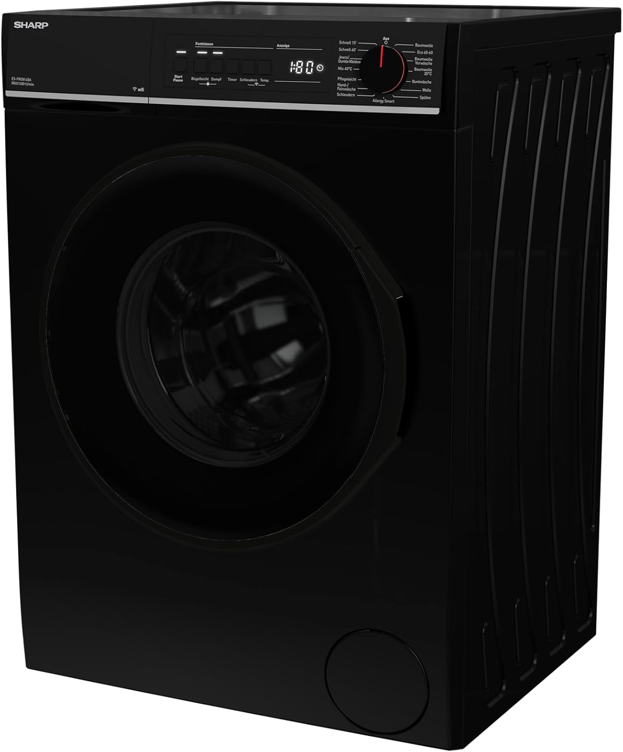 SHARP ES-PRO814BA-DE Waschmaschine Frontlader, 8kg, 1400U/min, Smarte Bedienung durch Veezy App, Dampffunktion, Inverter, 15 Programme, AquaStop, Schwarz