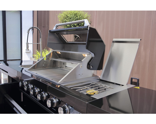 Buschbeck Cambridge 4-pits gasbarbecue/buitenkeuken met zijbrander en achterbrander, zwart, inclusief opbergplank, dekselthermometer, vetopvangbak, zijplank, bedieningsknoppen met ledverlichting en grillrooster van gietijzer.