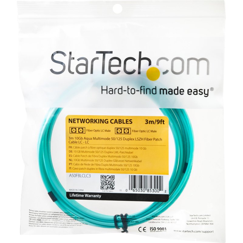 StarTech.com Câble Fibre Optique Multimode de 3m LC/UPC à LC/UPC OM3, Fibre Zipcord Full Duplex 50/125µm, Réseaux 100G, LOMMF/VCSEL,