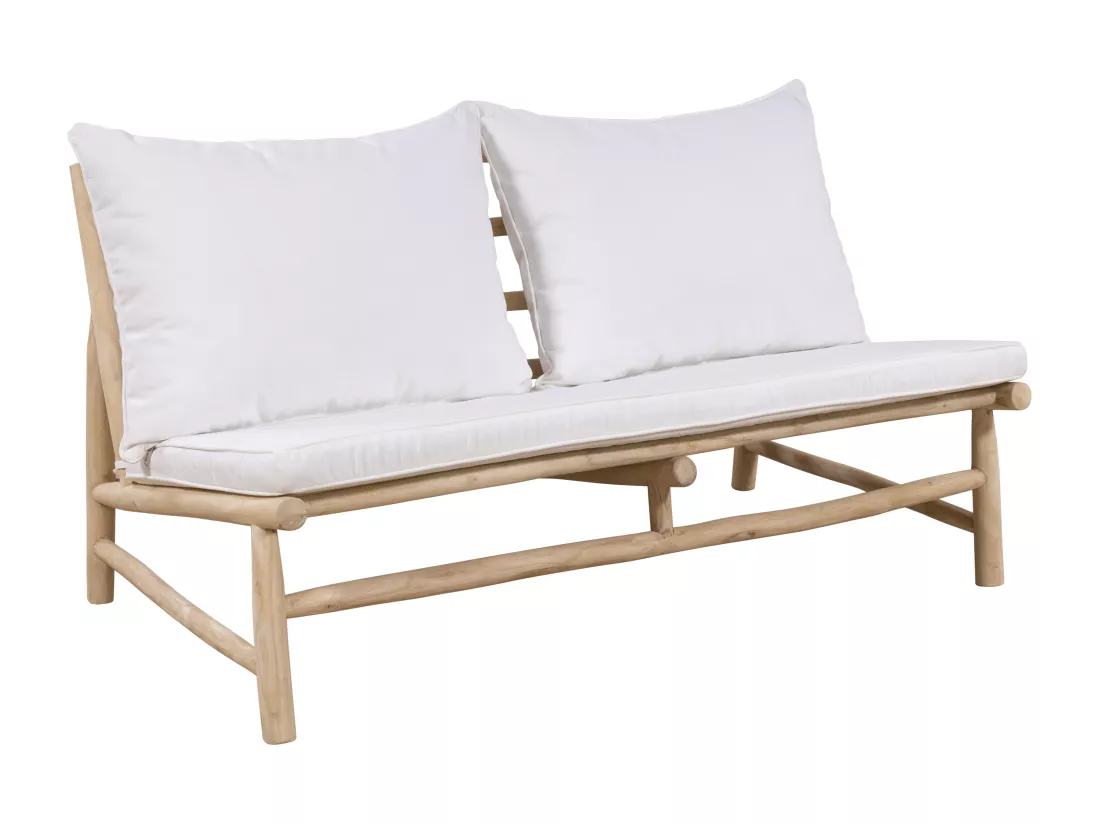 Salon de jardin en teck : un canapé 2 places, 2 fauteuils et une table basse ronde - Naturel clair et blanc - TULUM de MYLIA
