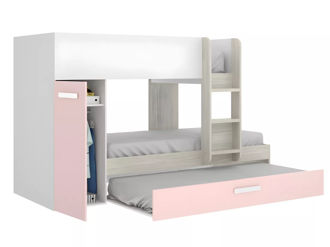 Lits superposés avec tiroir lit gigogne et rangements 3 x 90 x 190 cm - Blanc, naturel et rose - ANTHONY