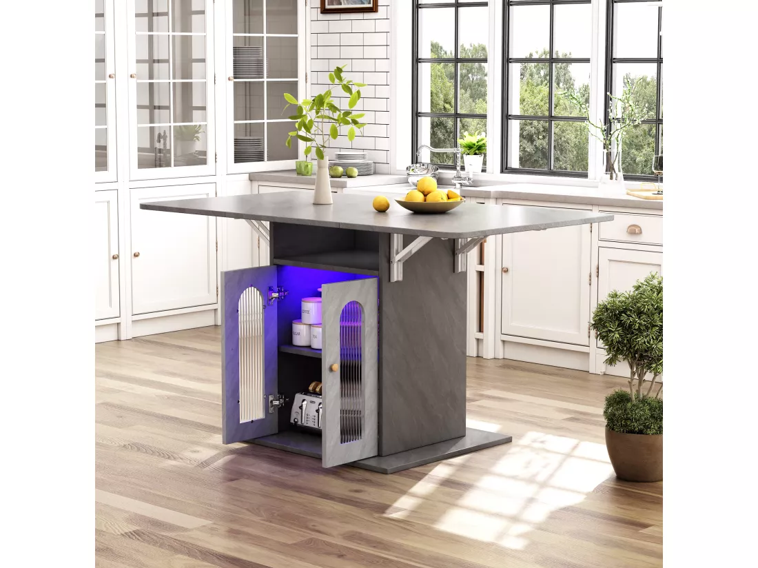 Table à manger pliable avec 2 portes et 1 niche - 50/140 x 78 x 75.6 cm - LEDs - Bois MDF - Gris