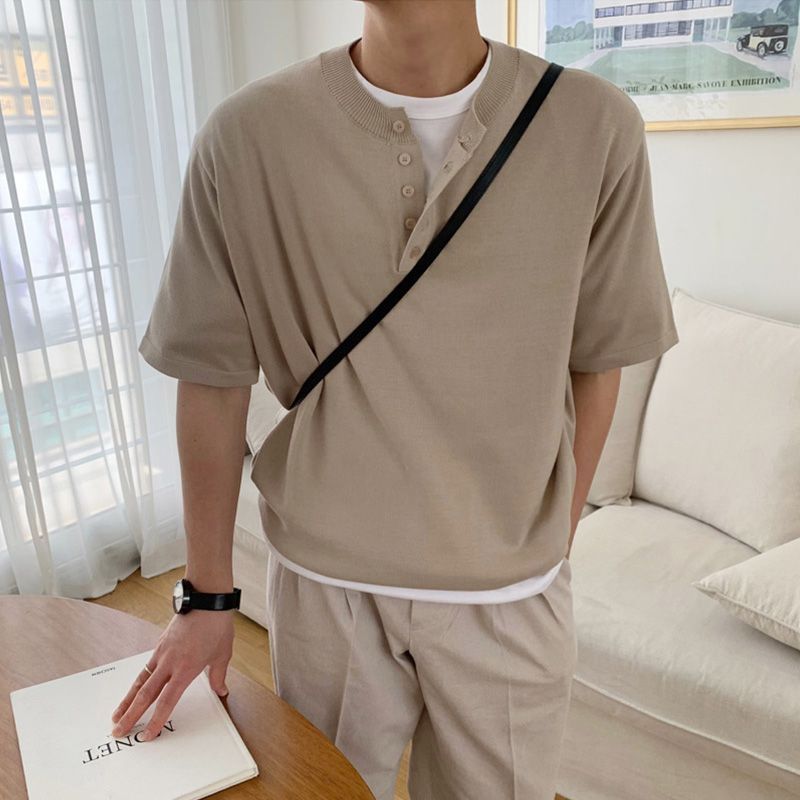 Okwano - Henley gebreide top met korte mouwen