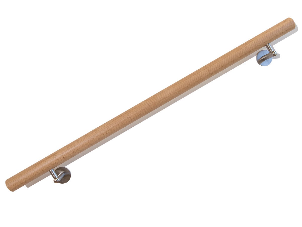 Meyer leuning voor trapleuningen, beukenhout – complete set, rond, 100 cm, met roestvrijstalen leuningbeugels, houten leuning, voor binnentrappen, inclusief toebehoren