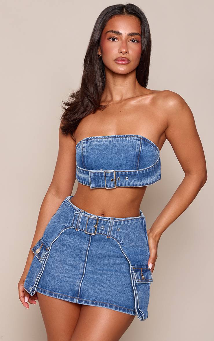 Mid Blue Wash Mini Jupe En Denim Bleu Moyen Avec Ceinture Et Poches Pour Petite Taille