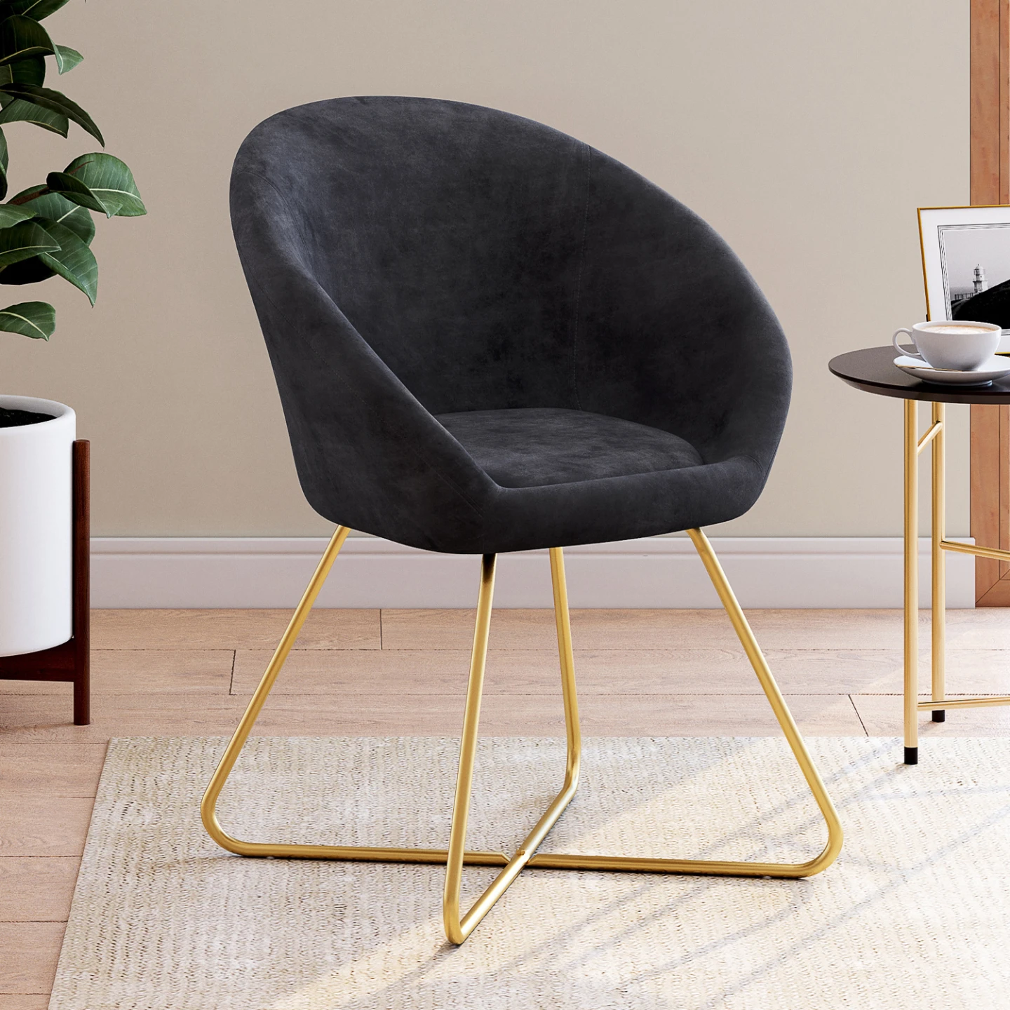 Fauteuil rond ANGELINA gris en velours pieds croisés dorés