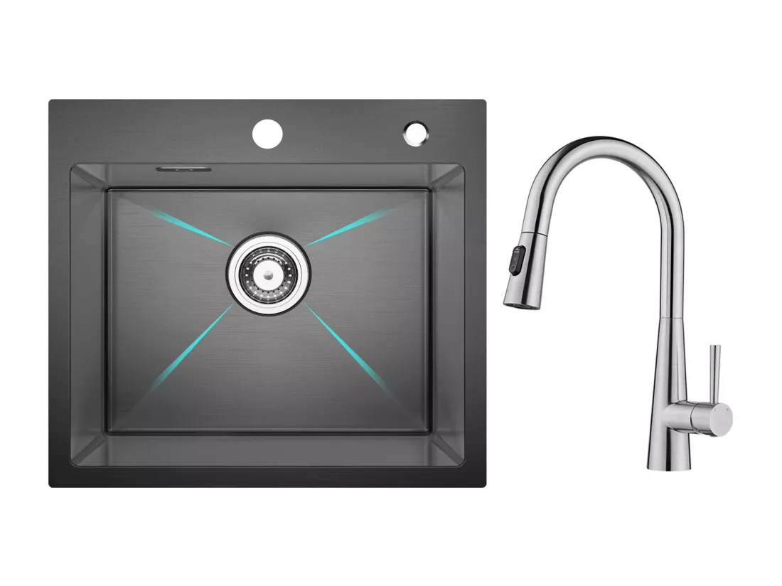 Cecipa max Évier Inox Évier 1 Bac 50×45 cm Évier de Cuisine en Nanomètres Noir + Mitigeur avec Douchette Extractible, 3 Modes de Sortie D'eau, Brossé