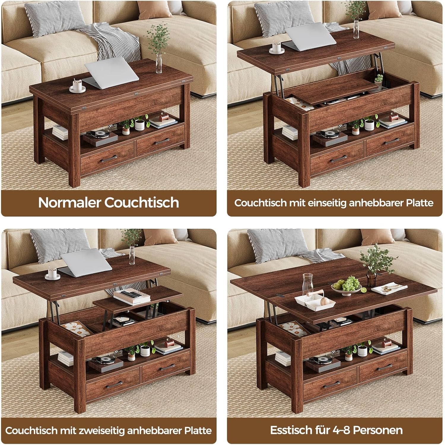 Rolanstar Höhenverstellbarer Couchtisch mit 2 Schubladen, 100 x 50 cm Wohnzimmertisch aus Holz,Platzsparend & Einfach Montiert für Schlafzimmer, braun