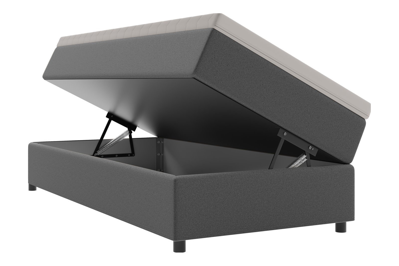 Premium 10 oppbevaringsseng 90x200 cm Magasinseng med oppbevaring, åpnes fra siden. I tekstil terranova 9 grå, med medium fasthetsgrad og premium 10 overmadrass,. Sorte ben.
