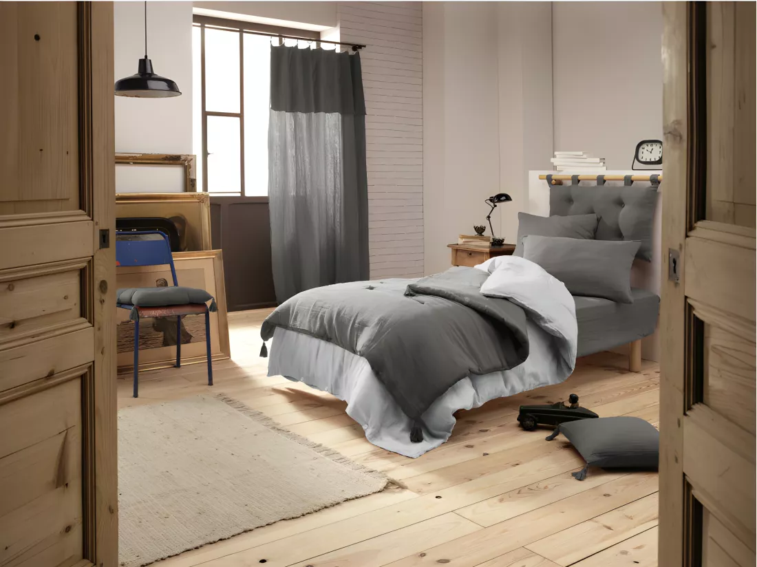 Édredon 150 x 150 cm en gaze de coton gris avec 4 pompons - PEPA