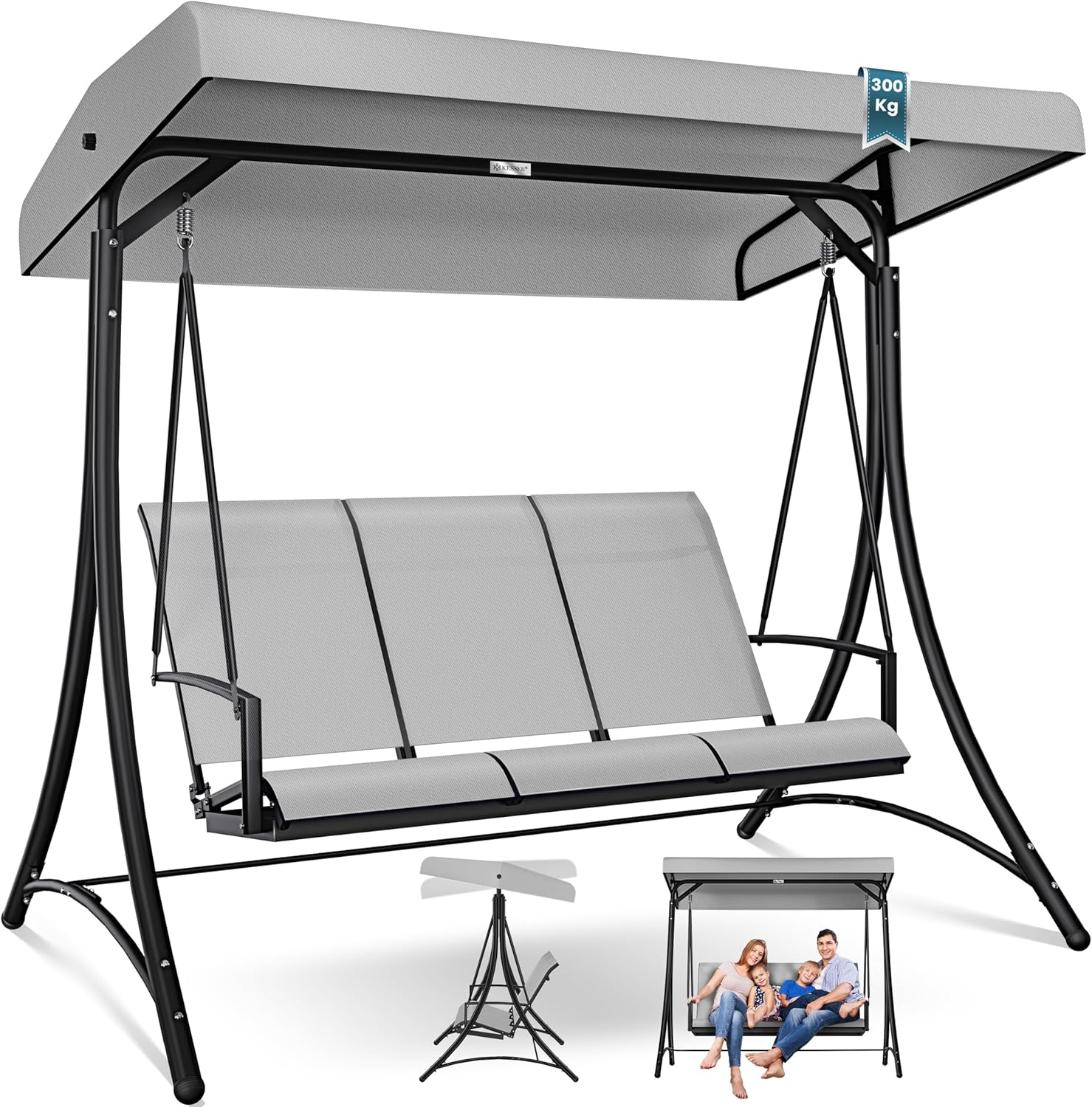 KESSER® Hollywoodschaukel mit Sonnendach 3-Sitzer | Gartenschaukel bis 300kg belastbar | Gartenliege mit Anti-Rutsch-Füßen | Schaukelbank wasserabweisend Outdoor & Indoor (Hellgrau)