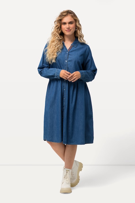 Midikleid, Jeanskleid, A-Linie, Hemdkragen, Langarm