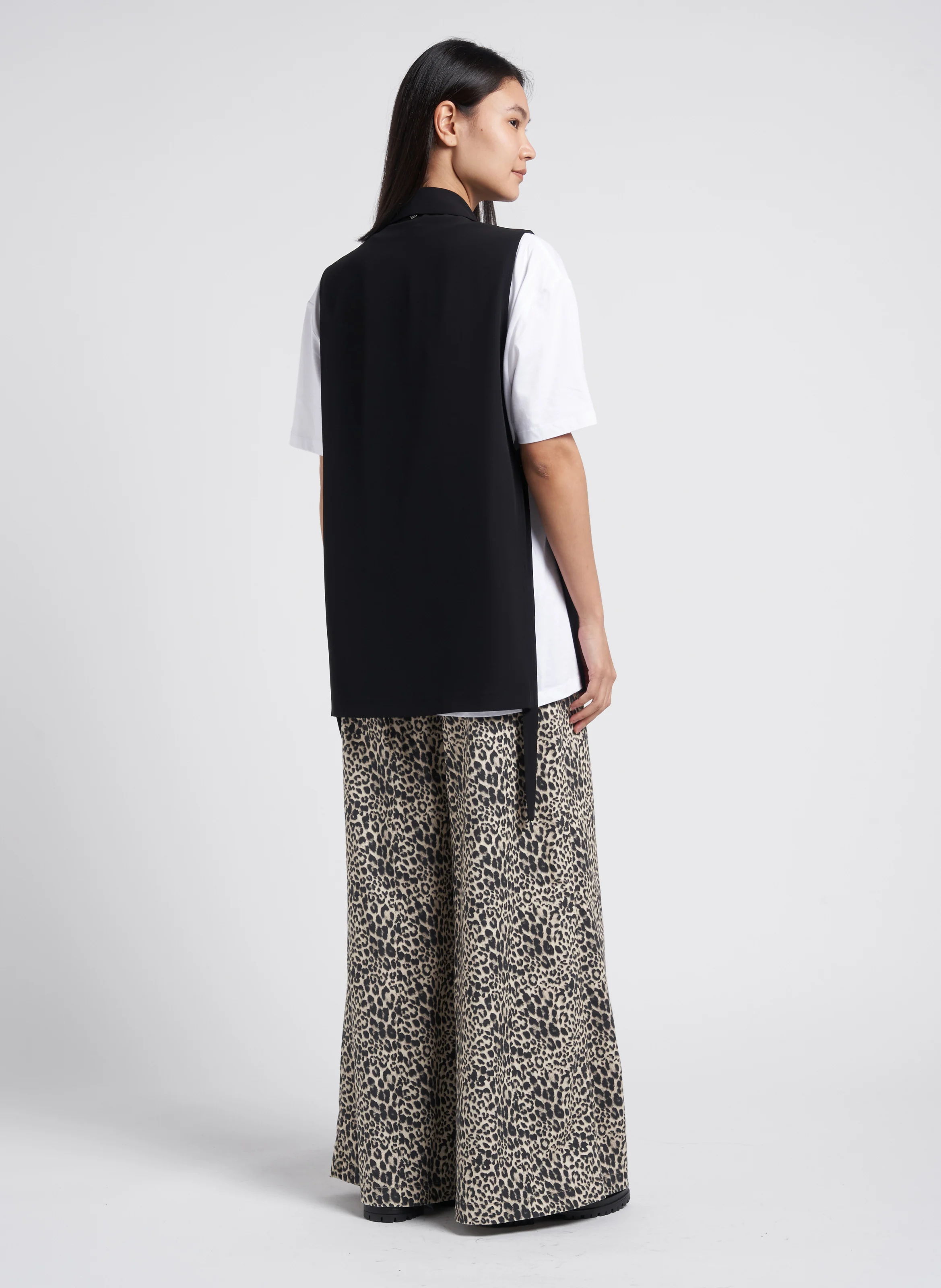 Pantalon palazzo taille haute en coton mélangé imprimé | Noir