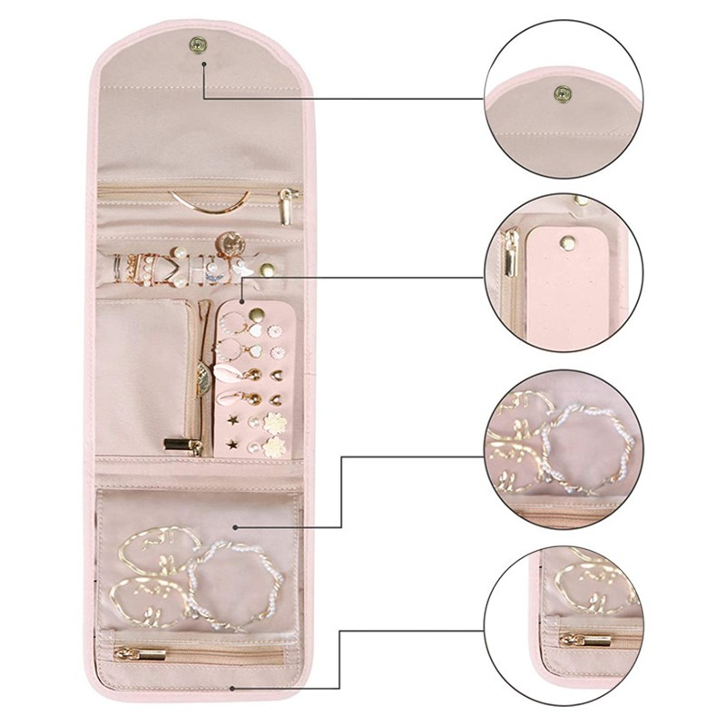 Faltbarer Reise Schmuck Organizer Aufbewahrungs Tasche für Ringe / Halskette / Ohrringe / Armbänder - Rosa