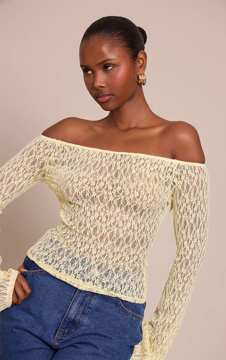 Citron Haut À Manches Longues Évasées Bardot En Dentelle Transparente Texturée