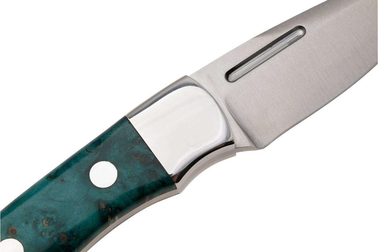 Bark River Essential CPM MagnaCut, Blue & Gold Elder Burl, vaststaand mes