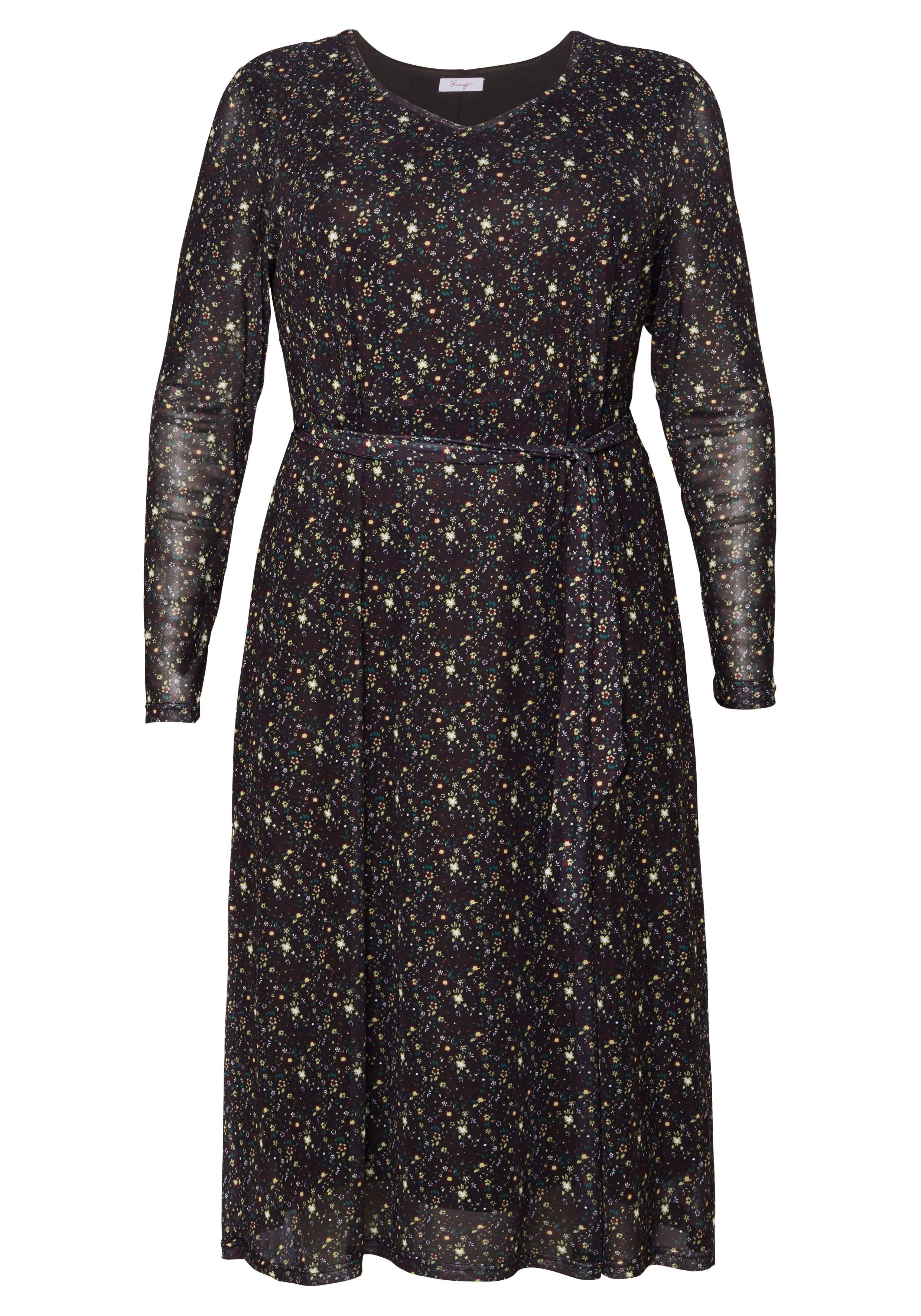 Mesh-Kleid mit Millefleurs-Druck und Bindegürtel