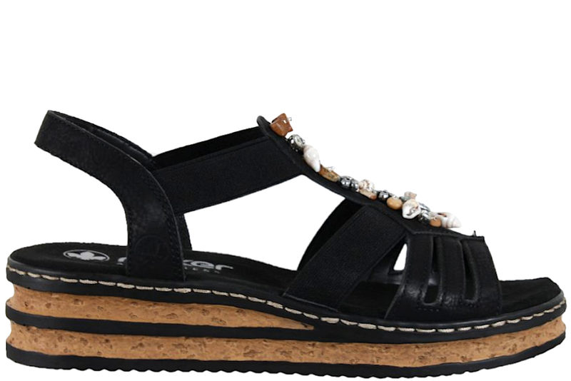 RIEKER SANDAL I SORT PU MED PYNTESTEN
