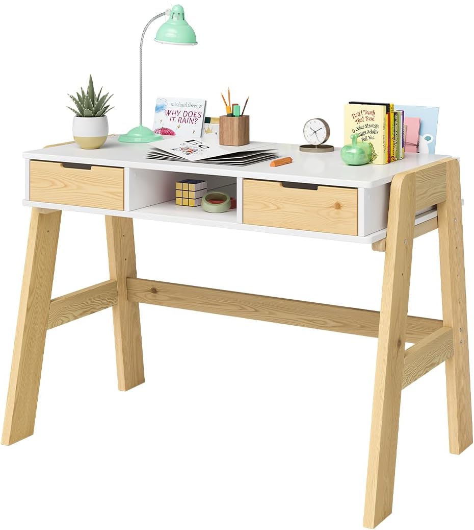 Bellabino Campo Kinderschreibtisch höhenverstellbar 56-75 cm – Schreibtisch Kinder ab 6 Jahren mit 2 Schubladen – Schülerschreibtisch mit viel Stauraum aus Massivholz Kiefer in Weiß