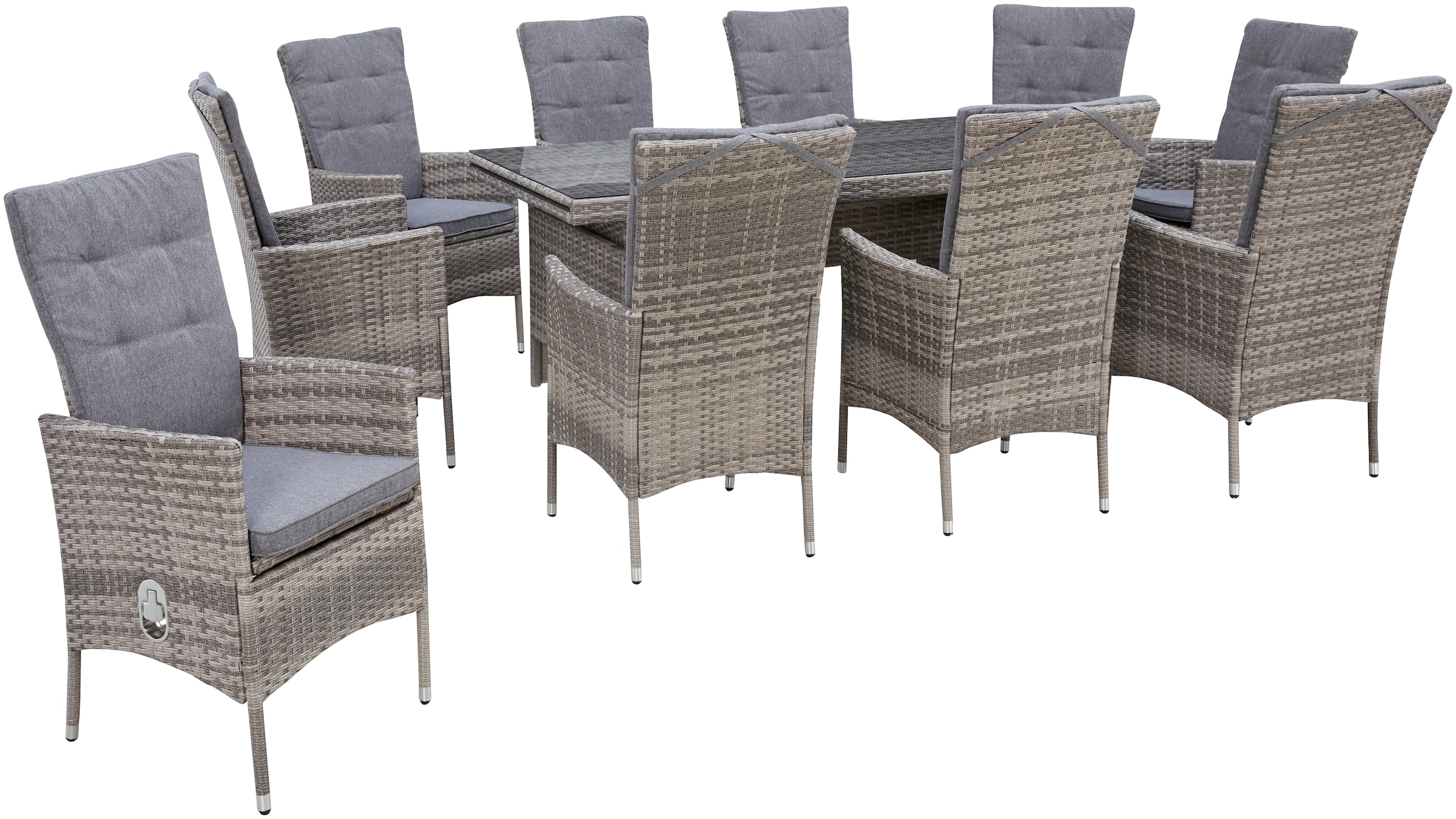 KONIFERA Garten-Essgruppe »Belluno« 10x Sessel, 1x AZ-Tisch 179-300x73/89cm, inkl. Auflagen, Polyrattan, 21 Stk. tlg. 2 der 10 Sessel stufenlos verstellbar, Tischplatte aus Sicherheitsglas