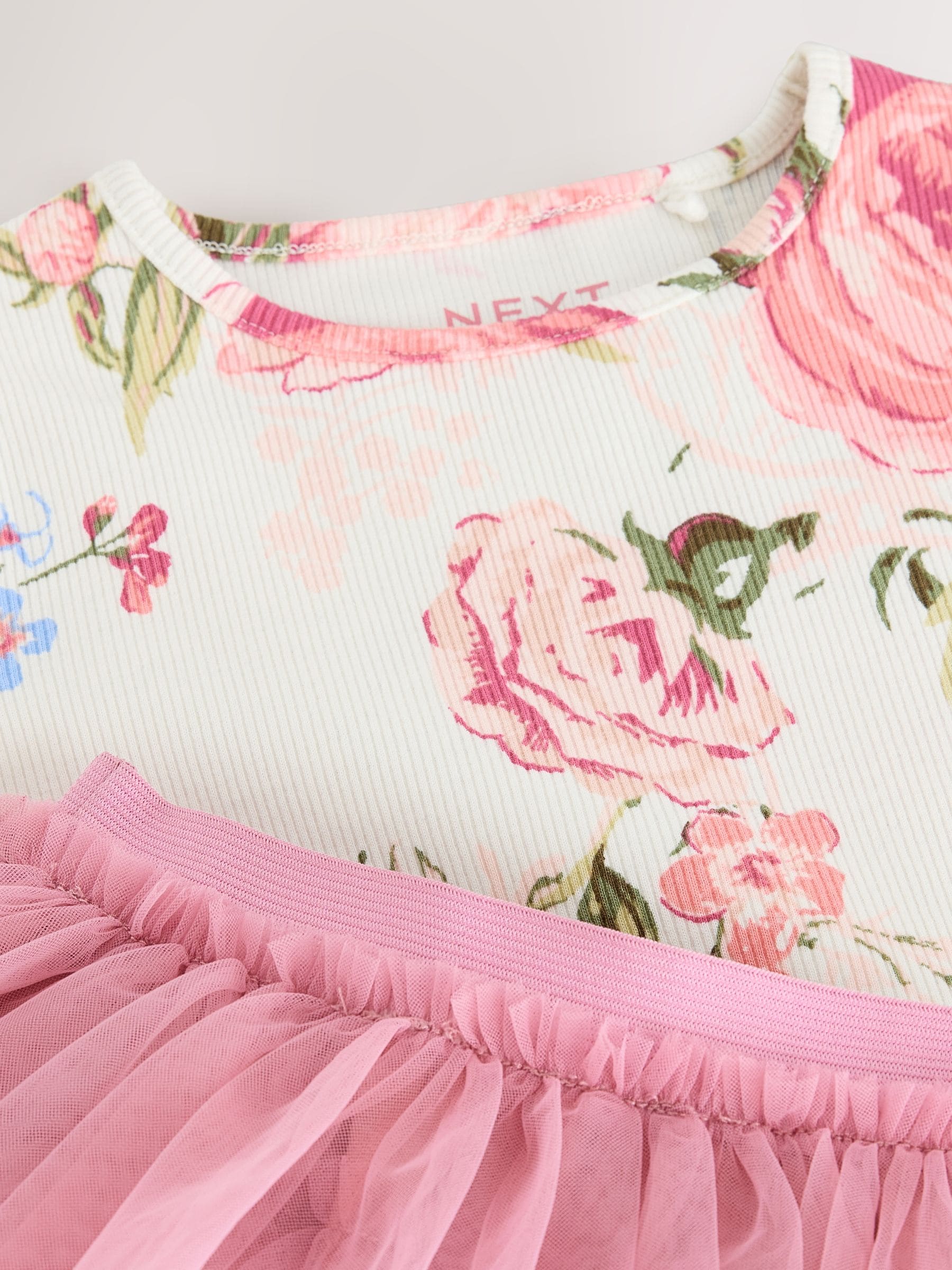 Roze bloemen - Geribbeld T-shirt en tutu-rok (3 mnd - 7 jr)