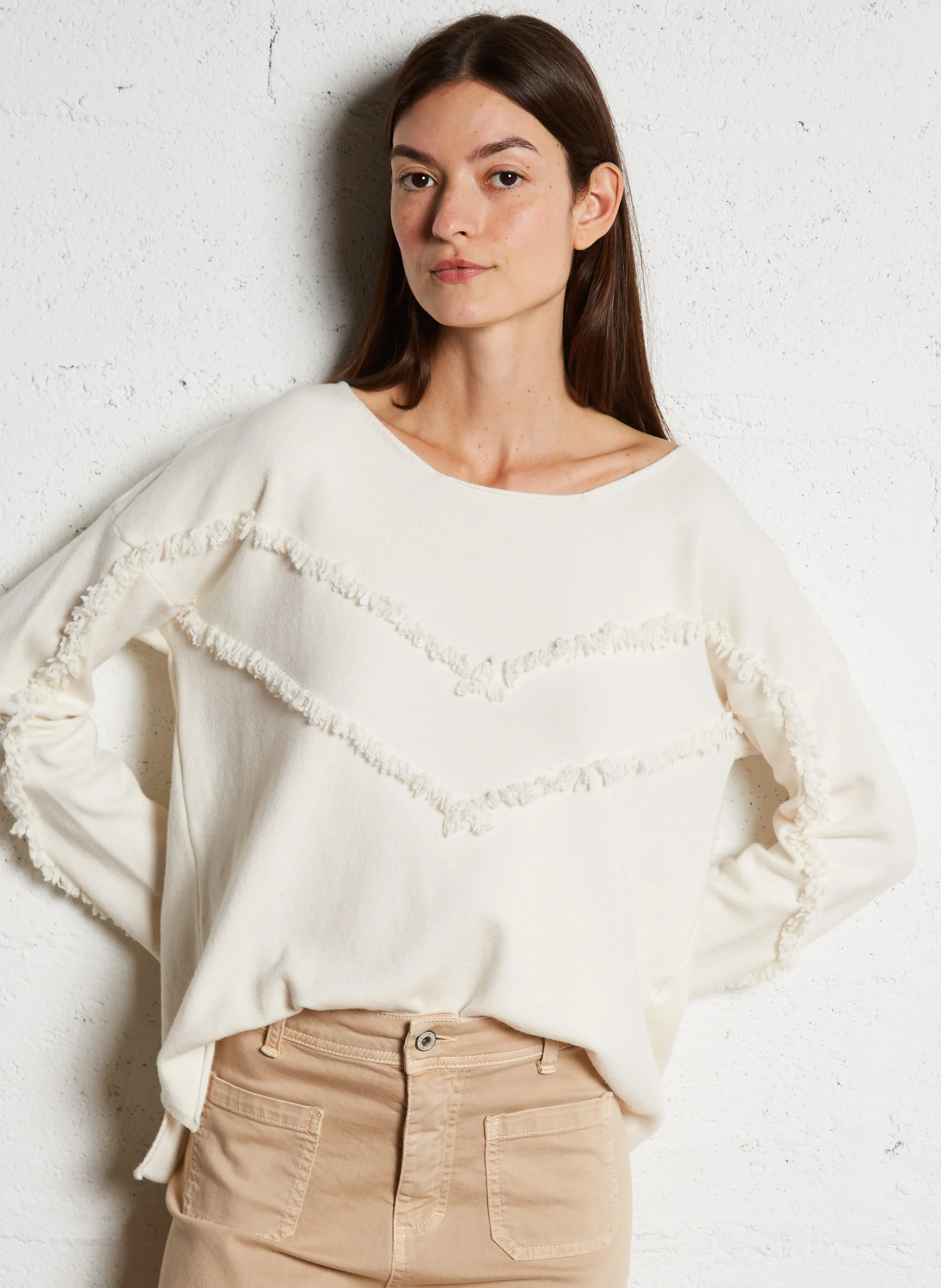 Pull col rond à franges | Blanc