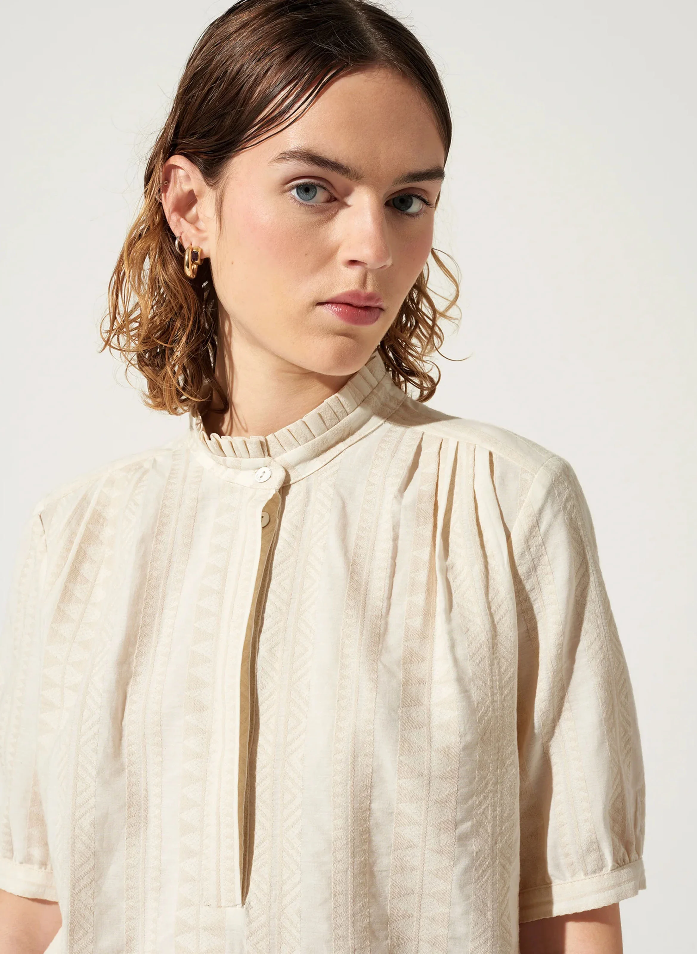 ELVIRA - Blouse droite col montant en coton | Blanc