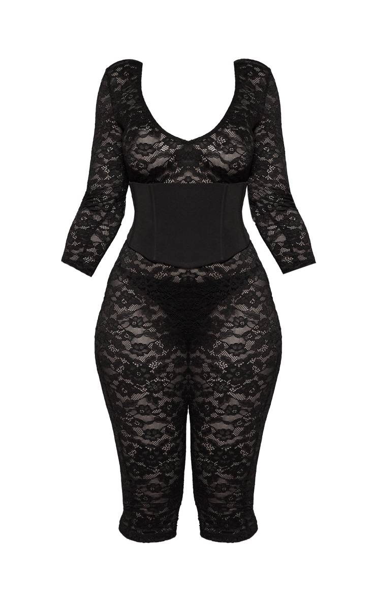 Noir Combinaison Capri En Dentelle Avec Taille Corset Sculptante