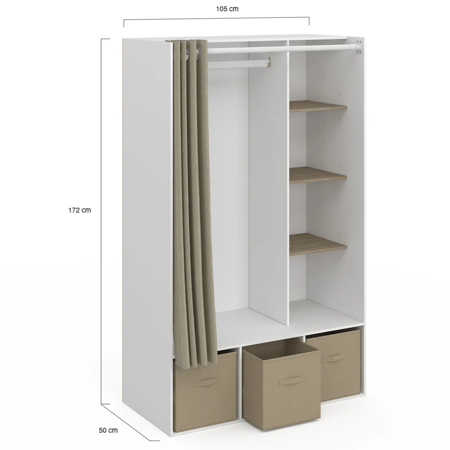 Dressing penderie DIANE 105 x 50 x 172 cm blanc avec étagères + boites de rangement + rideau taupe
