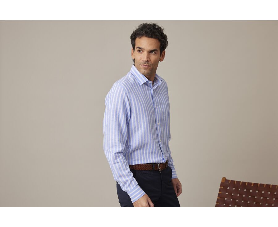 Chemise coton lin rayée bleue et blanche - SIMONIN