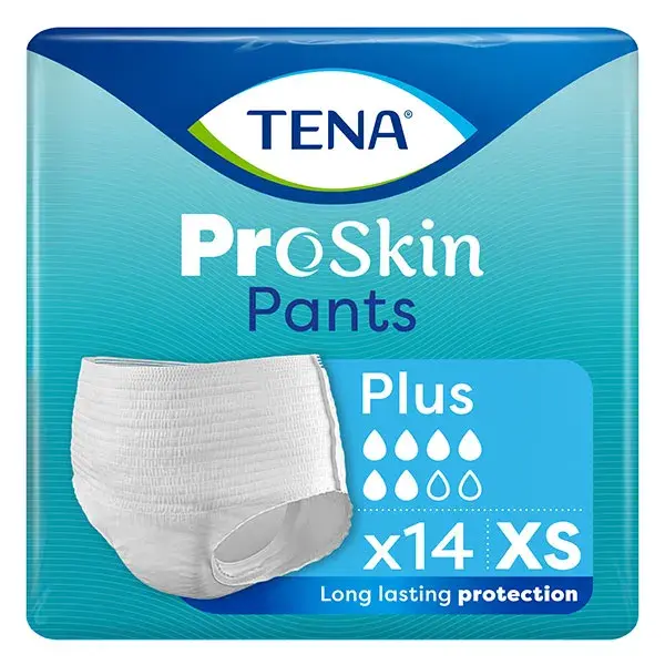 Calcinha absorvente TENA Proskin Pants, tamanho plus size XS, pacote com 14 unidades.