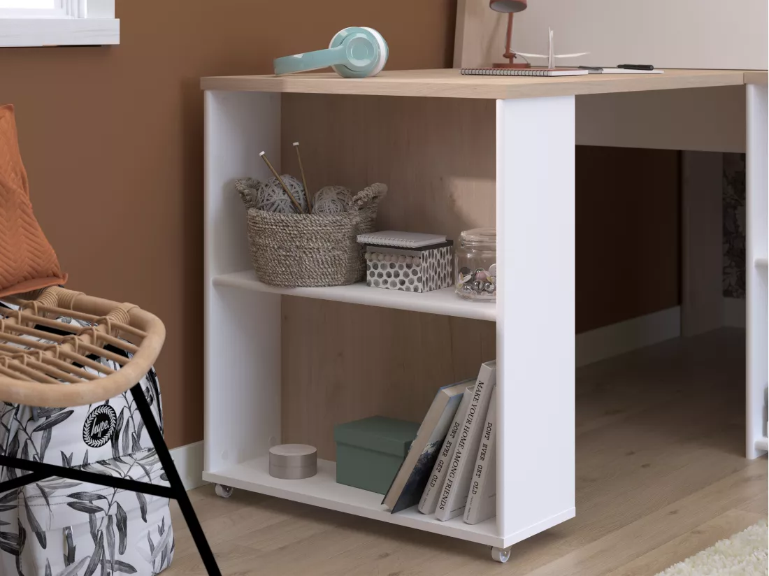 Lit combiné 90 x 200 cm avec bureau et rangements - Blanc et naturel + Matelas - APOLINO