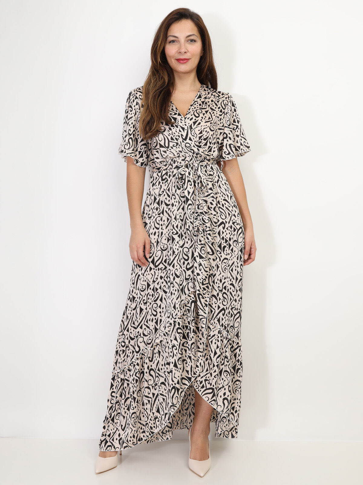 Robe longue cache-cœur à volants- Beige
