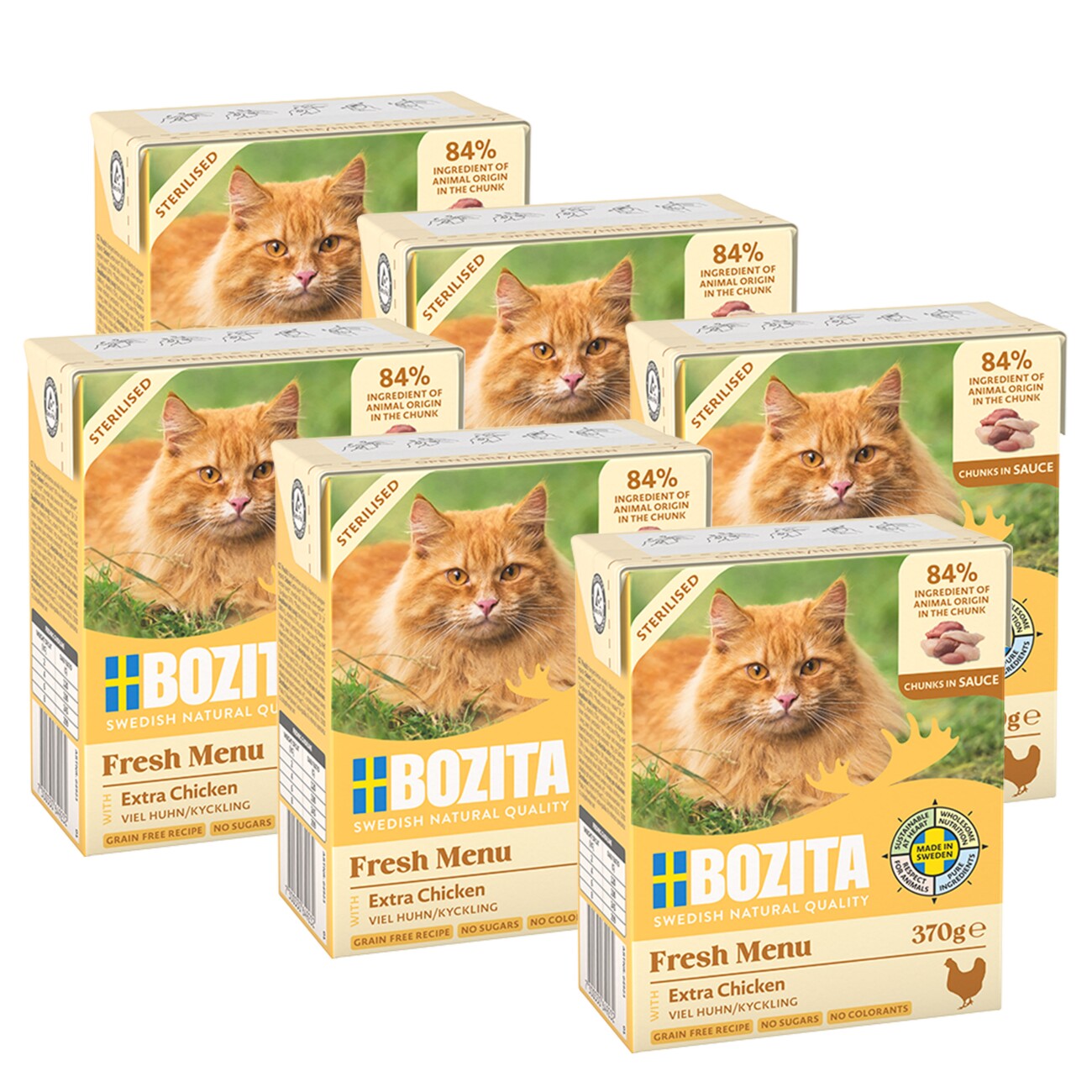 BOZITA Nassfutter Katze Sterilised Häppchen in Sauce mit viel Huhn 6x370 g