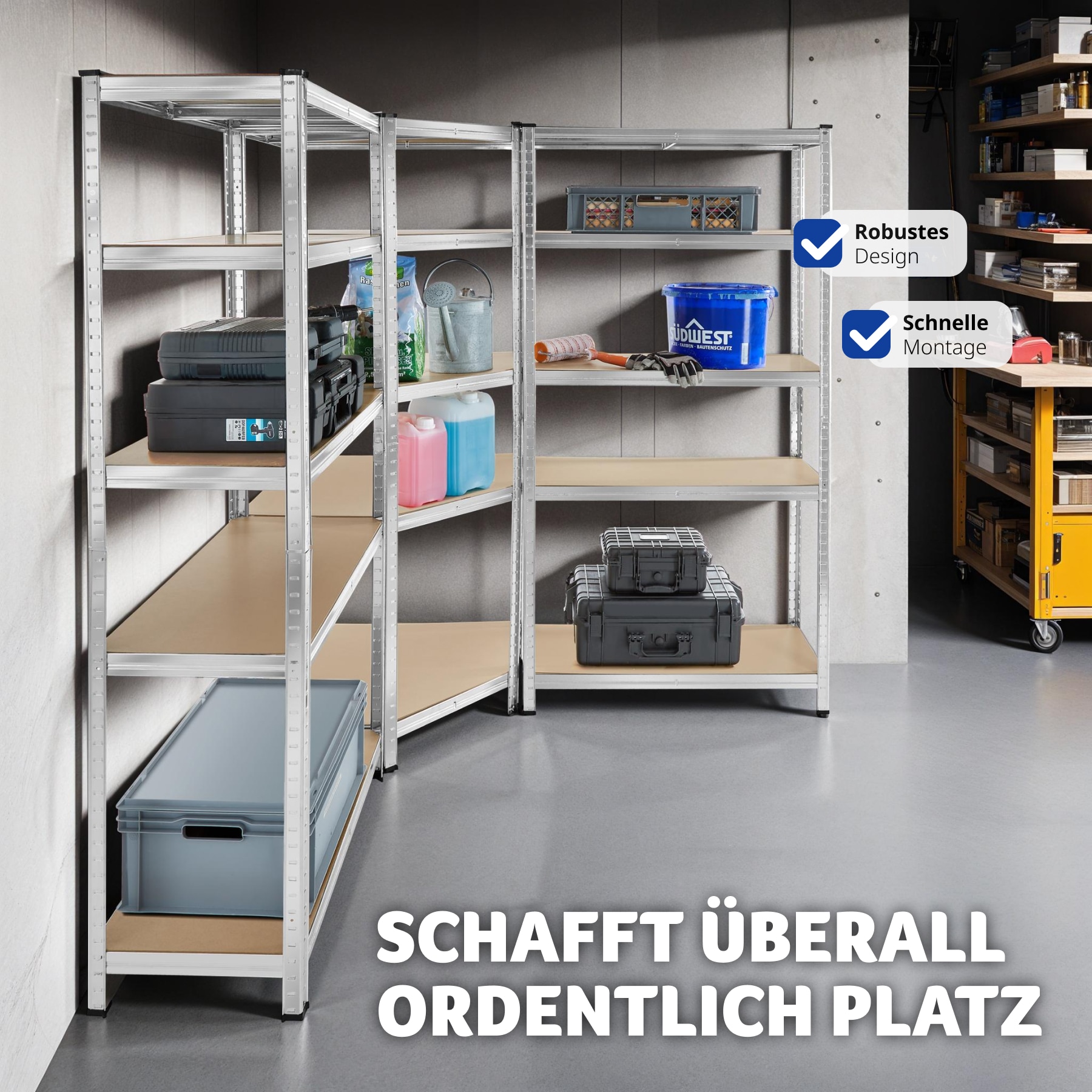 tectake® Schwerlastregalsystem, 3-teilig, 2 in 1 Verwendung als Werkbänke, 15 belastbare, höhenverstellbare MDF-Böden, Gesamtbelastbarkeit 2625 kg, variable Montage im Stecksystem