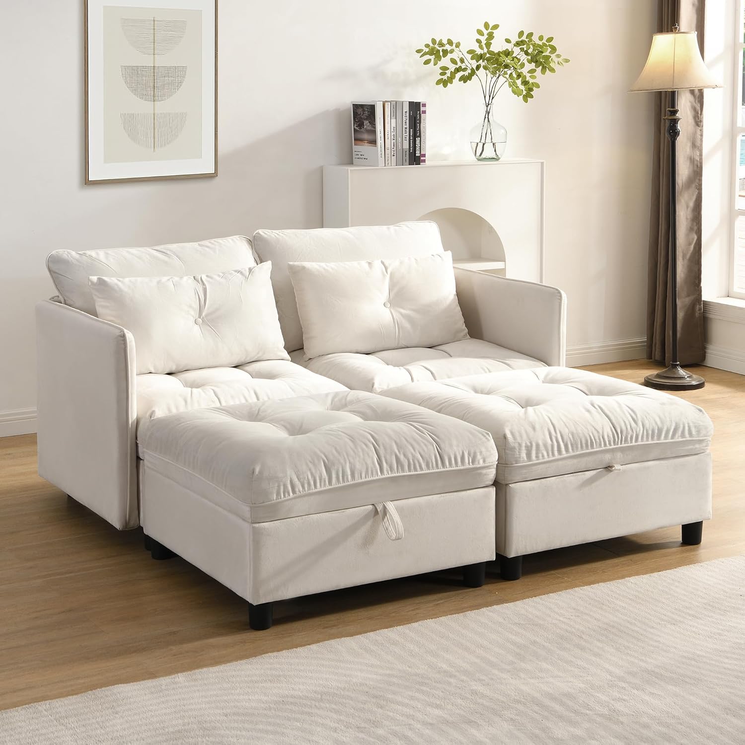 Cloud Modulares Sofa 4-Sitzer Modulares, zerlegbares Sofa-Set: Frei konfigurierbar + Stauraum unter Allen Kissen + Schlaffunktion + Chenille-Stoff (Beige)