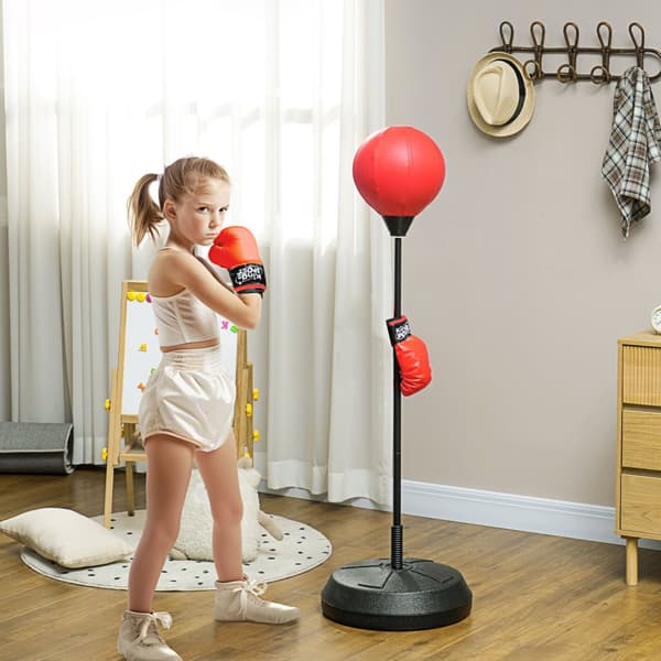 Bokseball for barn boksestativ med boksehansker, 122,5-147 cm høydejusterbart boksesett med stativ for gutter og jenter, stål, rød