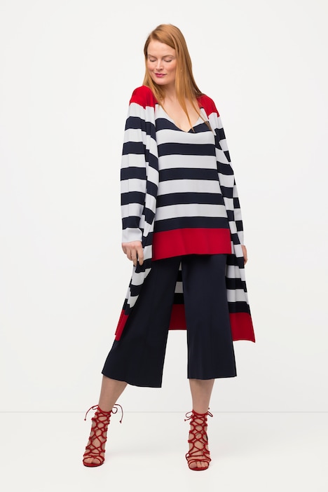 Long-Strickjacke, Streifen, V-Ausschnitt, offene Form